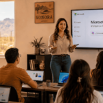Maestra joven explicando inteligencia artificial con Microsoft Copilot a estudiantes en un salón de clases en Sonora