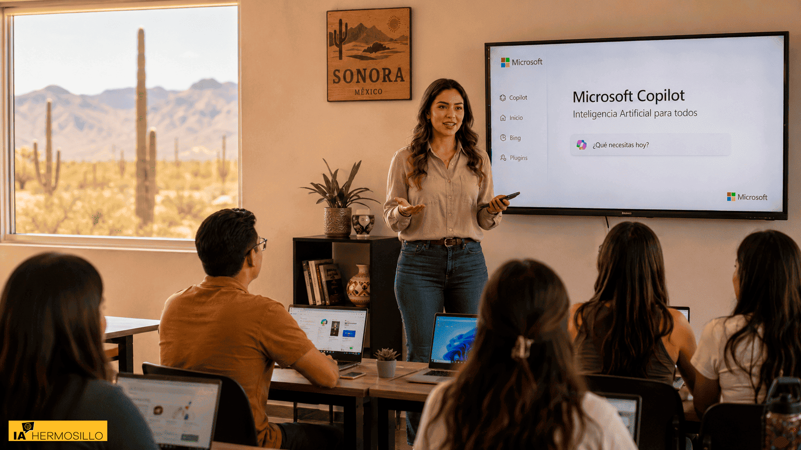 Maestra joven explicando inteligencia artificial con Microsoft Copilot a estudiantes en un salón de clases en Sonora